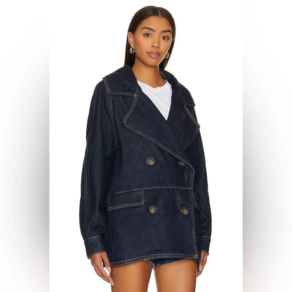 NWOT Free People Denim Car Coat in Rinse Wash Blue Oversized Sz XS 100% cotton
